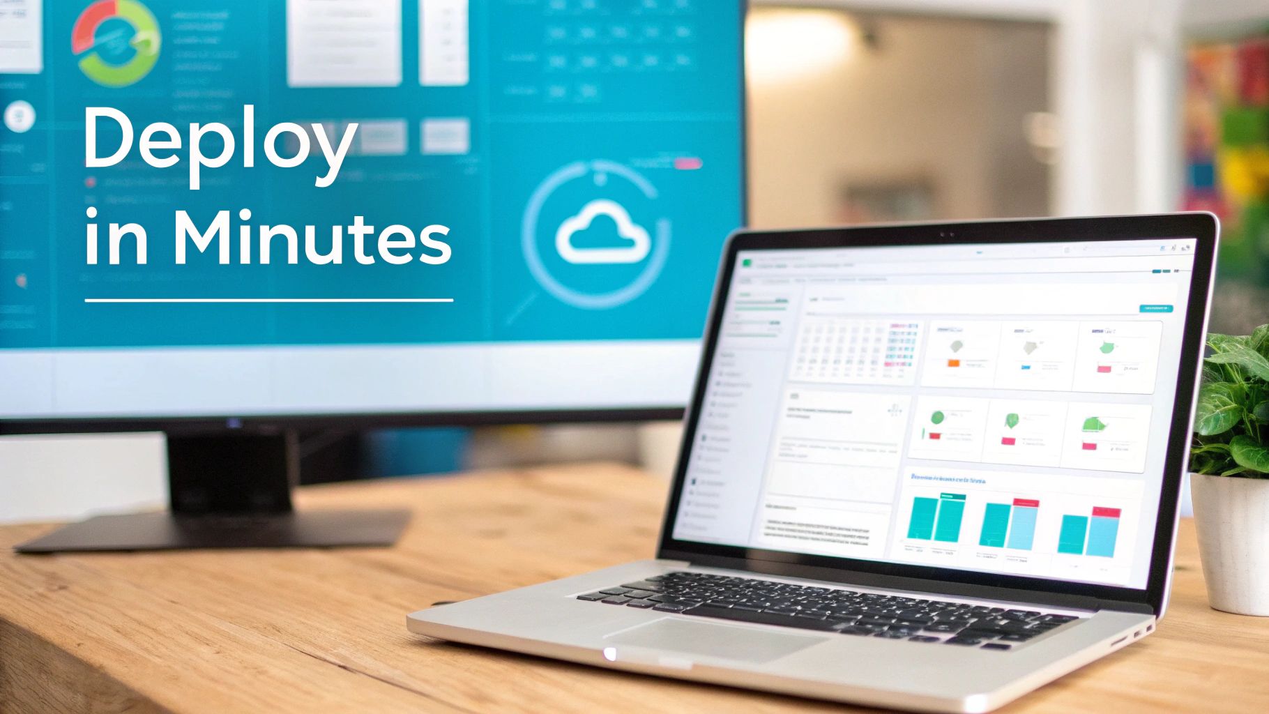 A laptop and a large monitor display data dashboards, charts, and a 'Deploy in Minutes' text with a cloud icon.