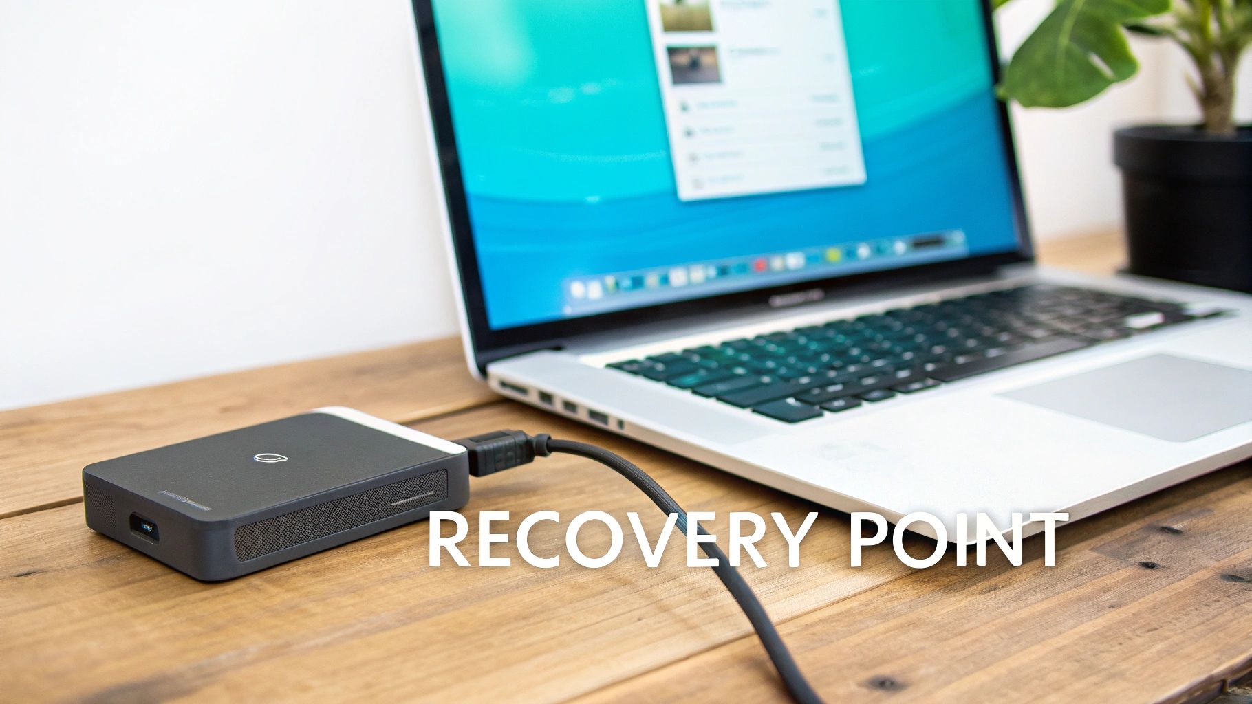 A silver laptop connected to a black external drive on a wooden desk, suggesting data recovery or backup.