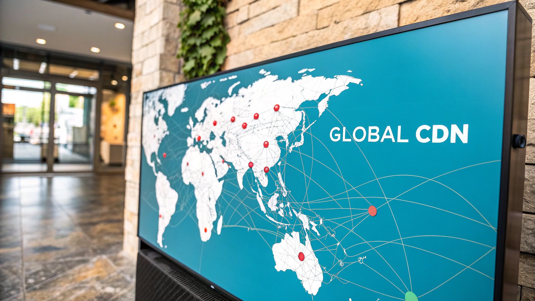A diagram showing how a CDN distributes content from an origin server to users around the world.
