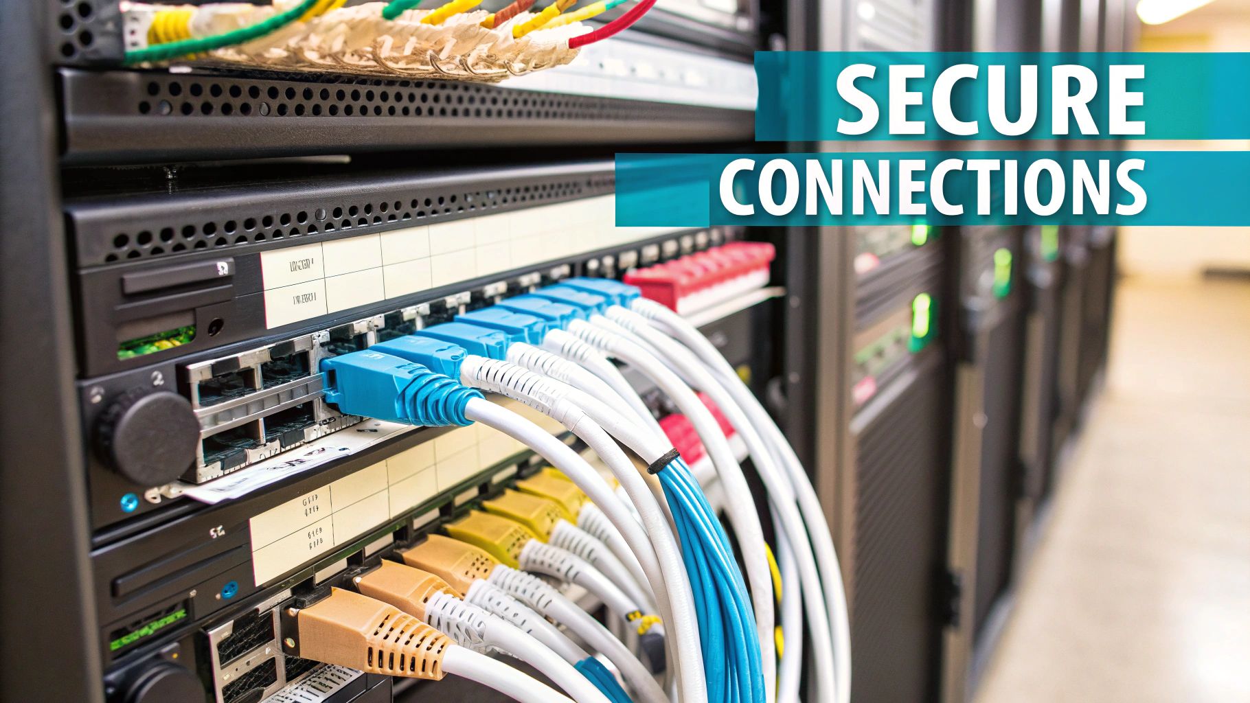 Close-up of numerous colorful network cables plugged into switches within a server rack in a data center.