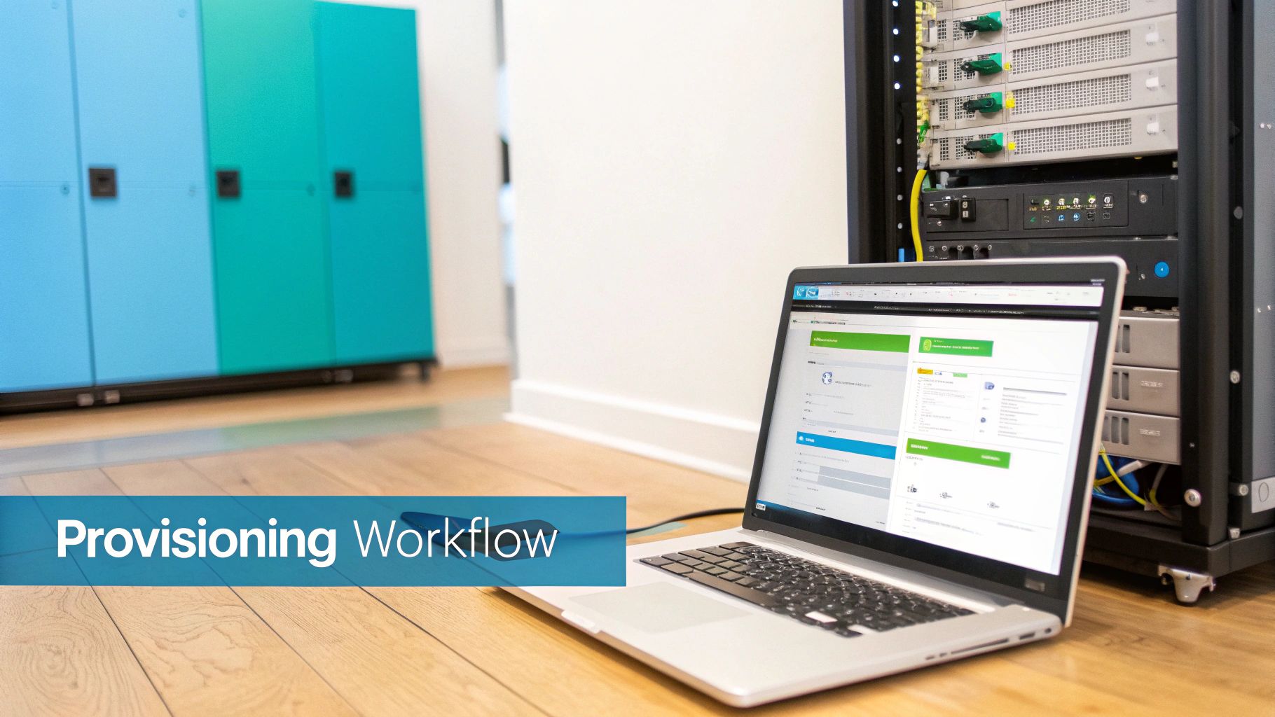 Laptop displaying a provisioning workflow interface connected to a server rack in an office.
