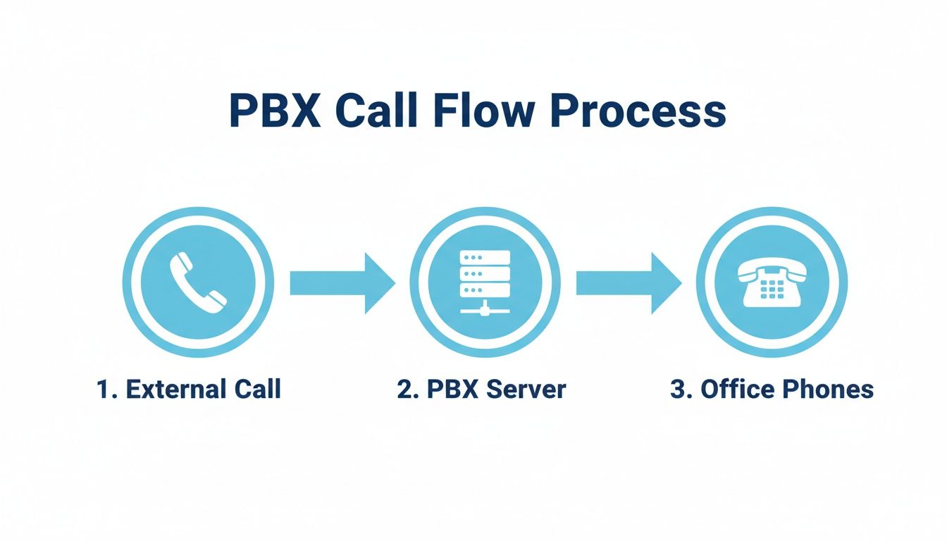 Diagram illustrating the PBX call flow process from an external call to office phones via a PBX server.