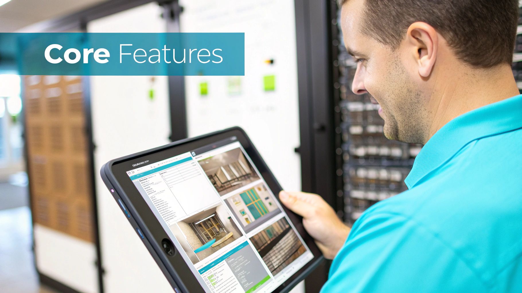 A man in a teal polo shirt happily uses a tablet displaying "Core Features" and product images in a data center.