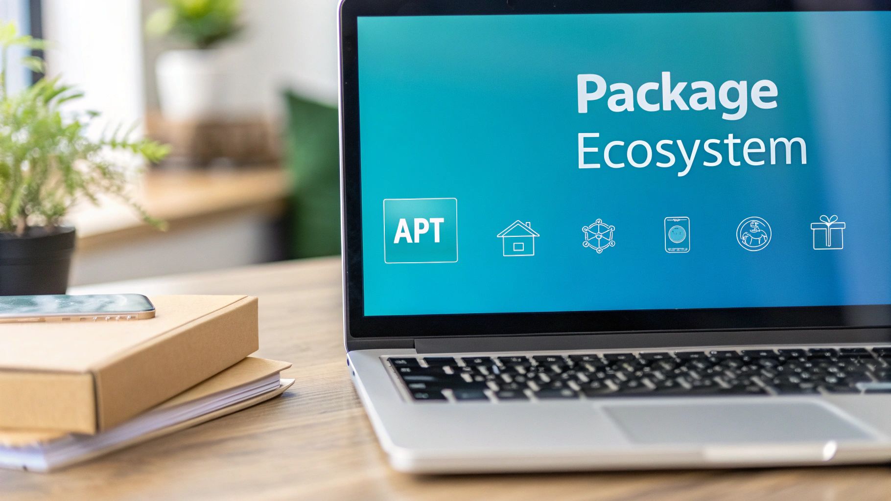 A laptop screen displays 'Package Ecosystem' with 'APT' and other icons on a wooden desk.