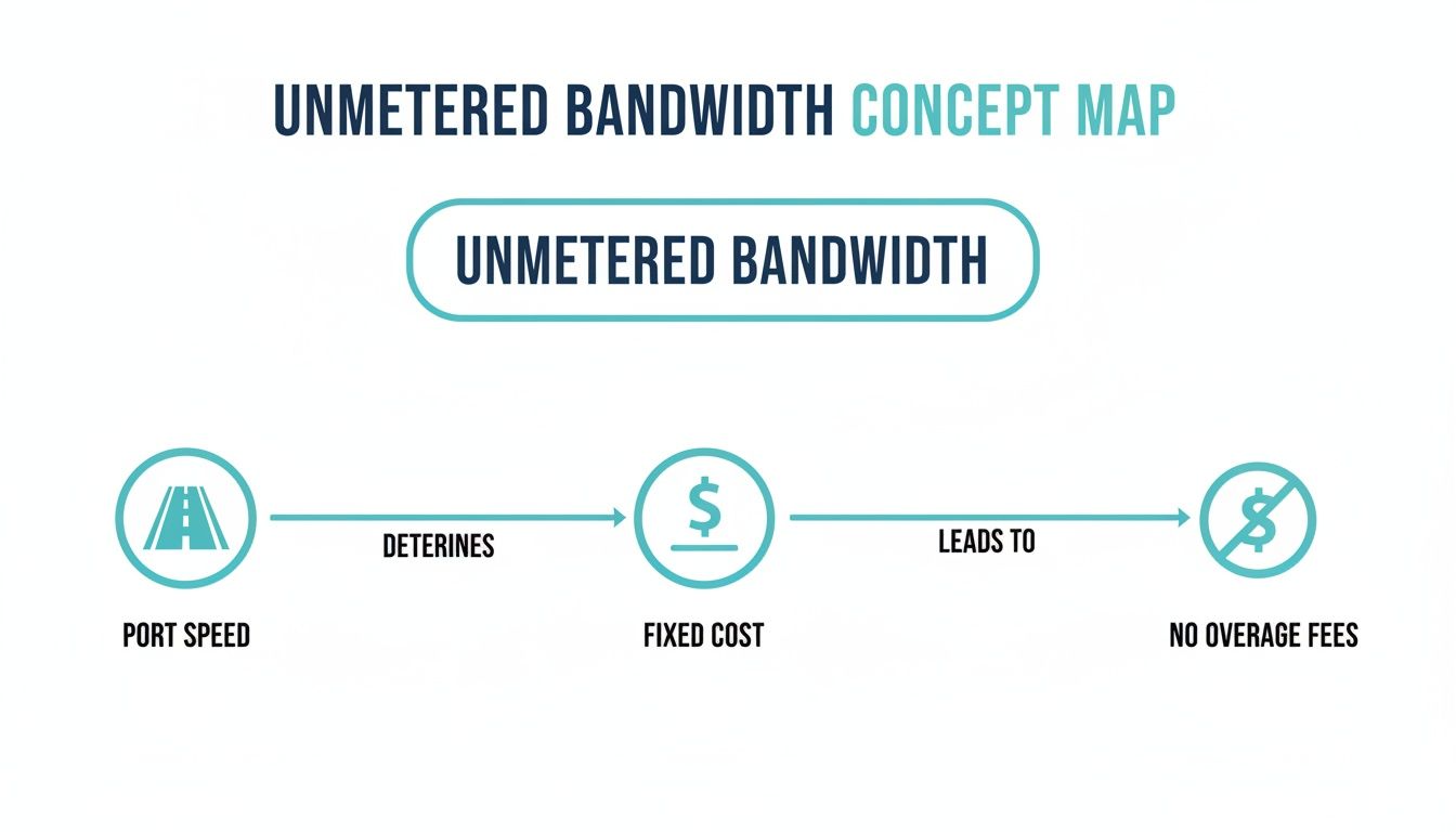 A concept map illustrating unmetered bandwidth, showing how port speed determines fixed cost leading to no overage fees.