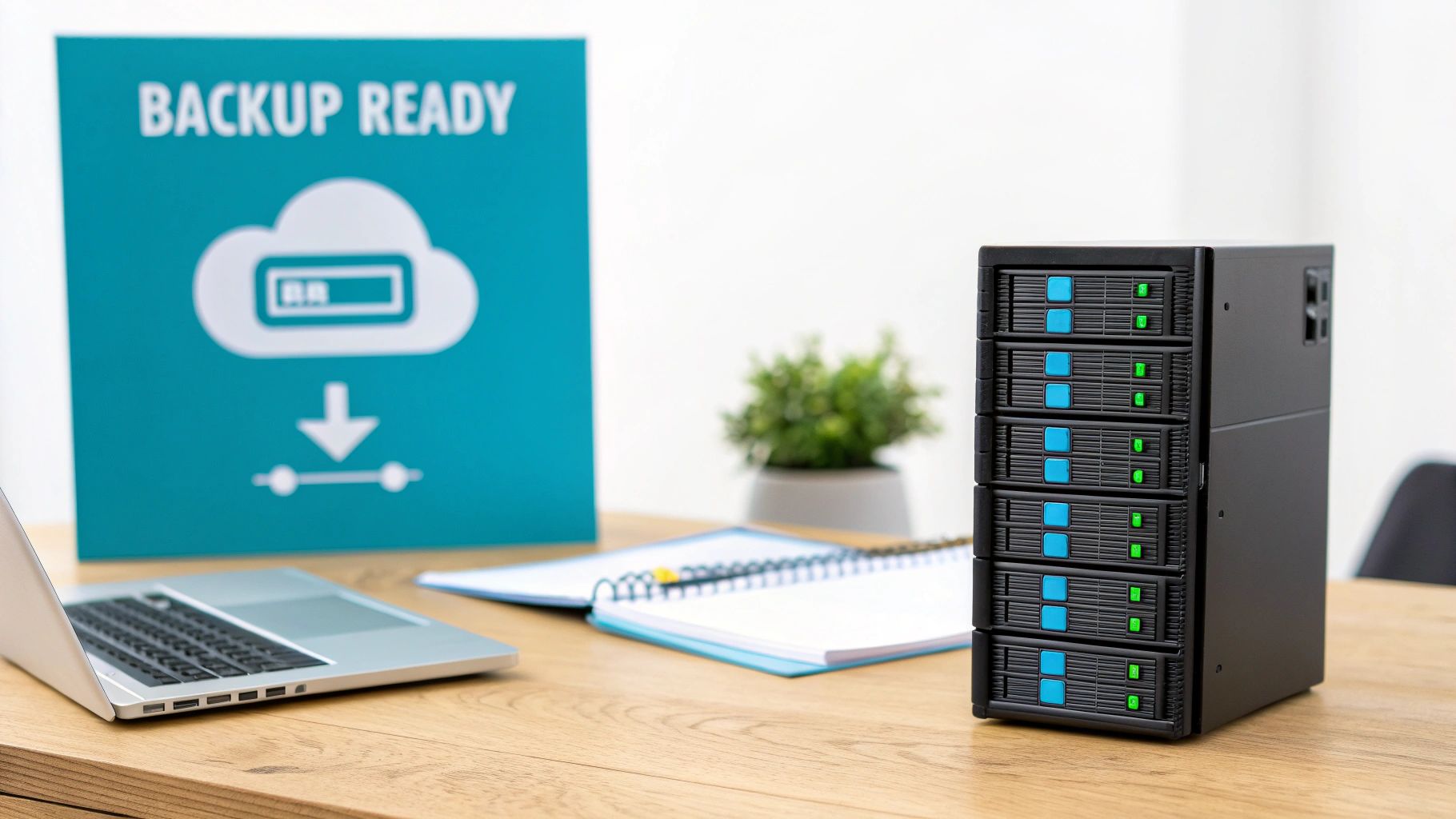 A desk with a laptop, a 'BACKUP READY' sign, and a multi-bay external hard drive enclosure.