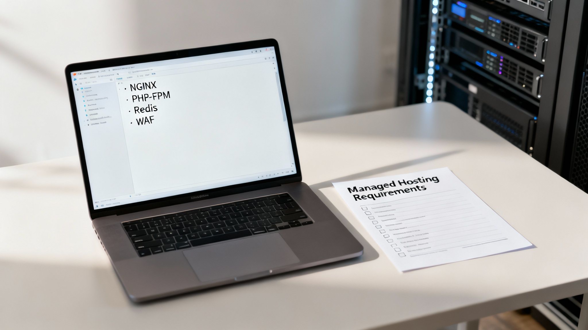 A laptop screen showing NGINX, PHP-FPM, Redis, WAF, beside a 'Managed Hosting Requirements' document and server racks.