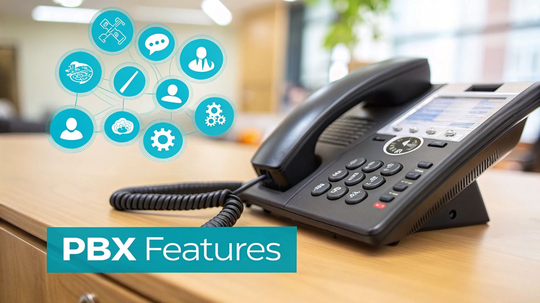 Office phone on a desk, illustrating various PBX communication features with icons.