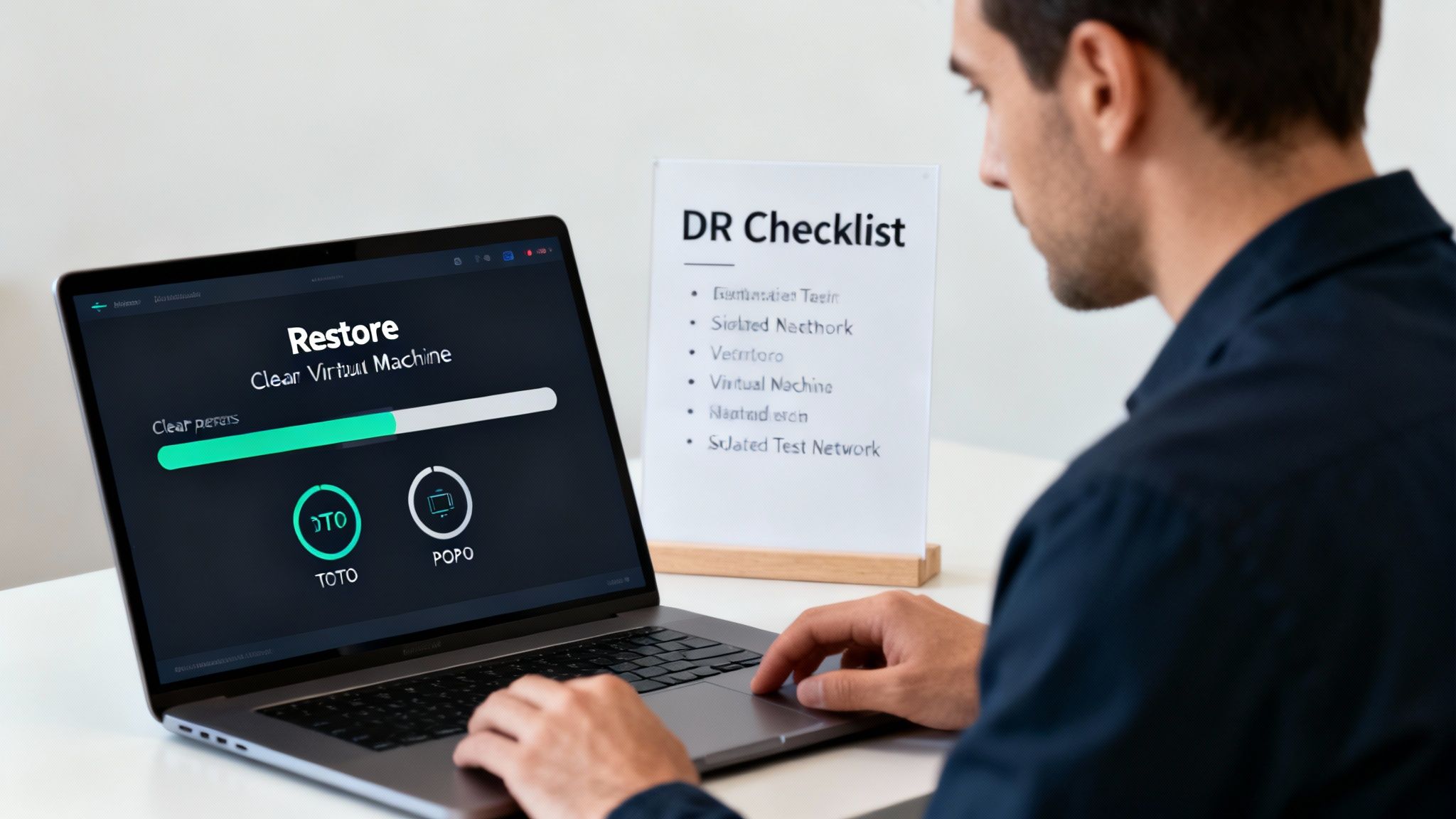 Professional performing disaster recovery checklist while restoring virtual machine on laptop computer