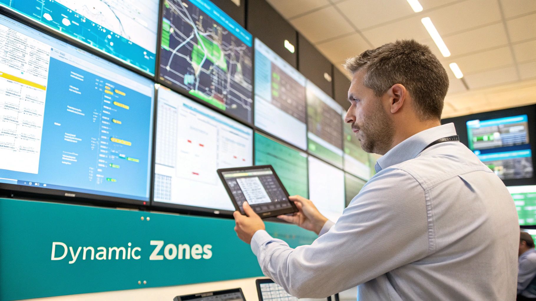 A man monitors data on a tablet in front of a large wall of control room screens.