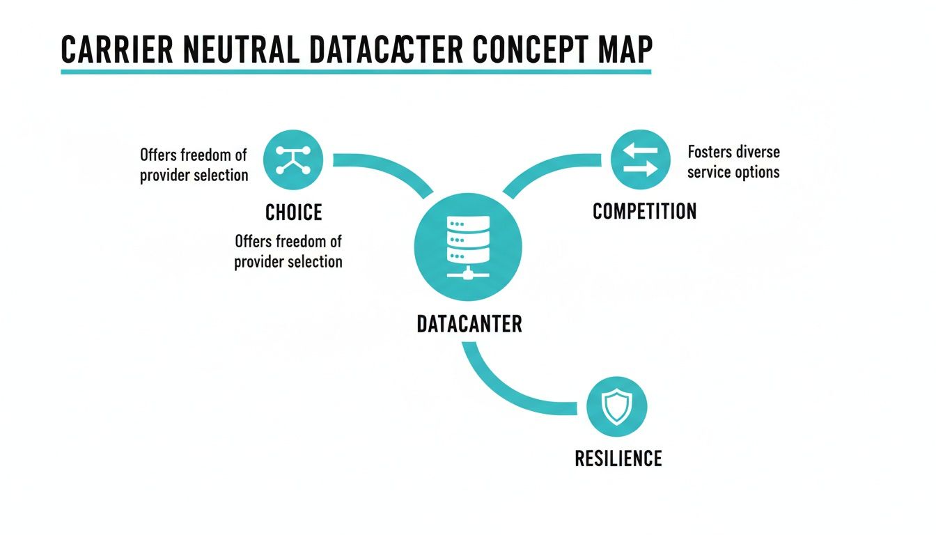 A concept map illustrates the benefits of a carrier-neutral datacenter, emphasizing choice, competition, and resilience.