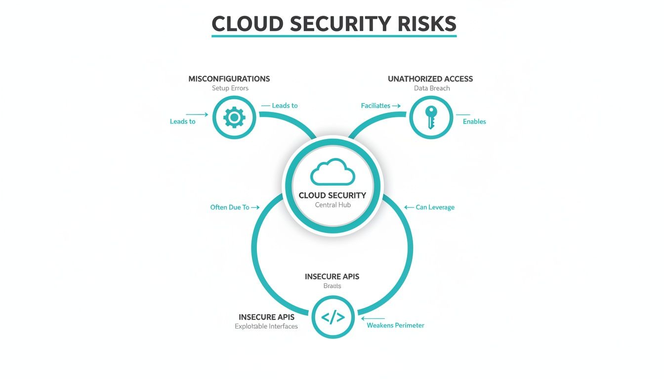 Diagram illustrating cloud security risks including misconfigurations, unauthorized access, insecure APIs, and their interconnections.