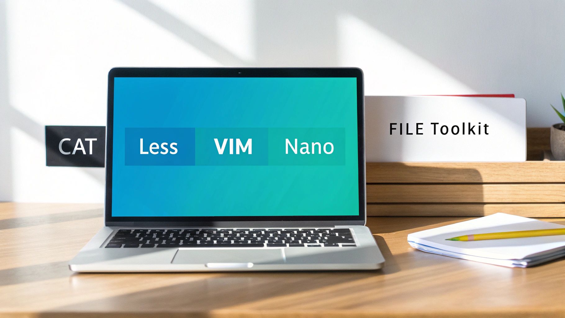 A laptop on a wooden desk displaying Linux file commands: CAT, Less, VIM, and Nano, with a 'FILE Toolkit' in the background.