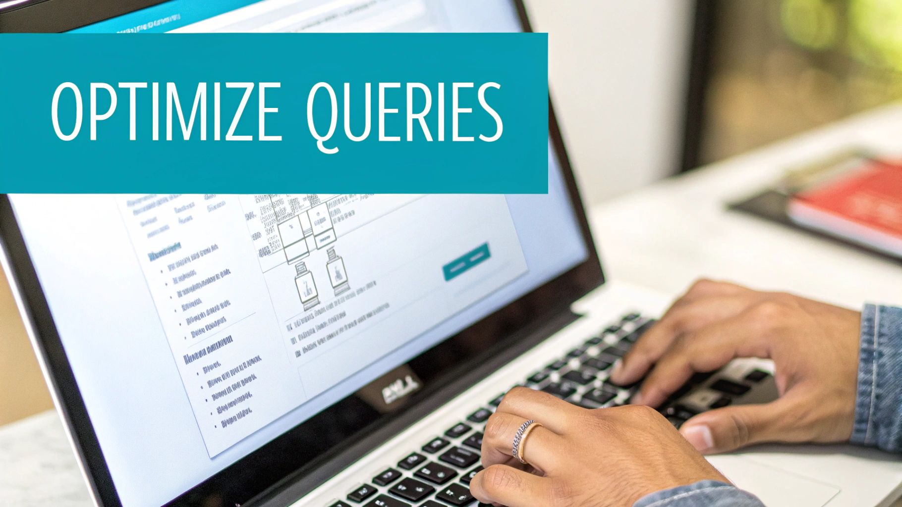 Person typing on a laptop screen displaying data, with a banner overlay stating 'OPTIMIZE QUERIES'.