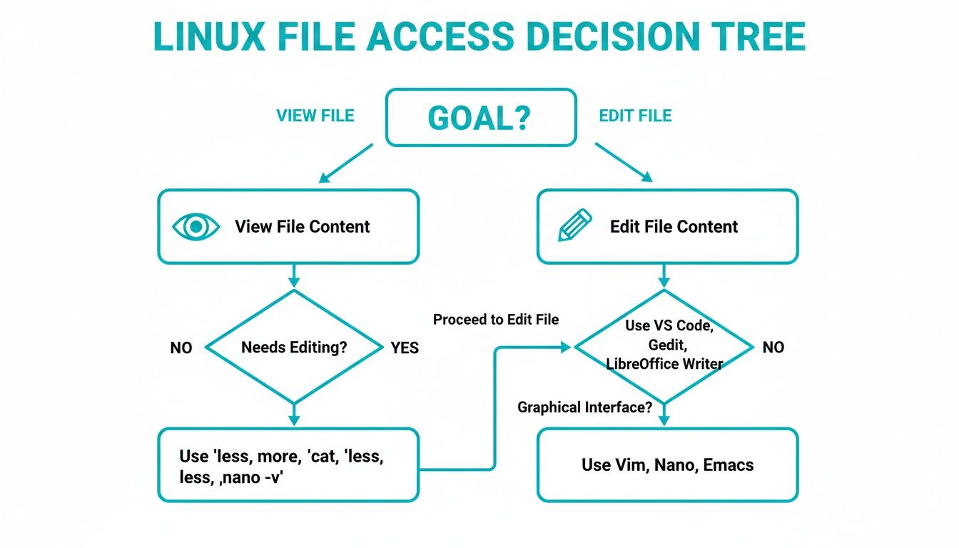 A flowchart detailing the decision process for viewing or editing files in Linux.