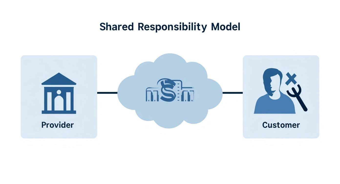 Diagram showing shared responsibility model with provider, cloud security infrastructure, and customer connected by lines