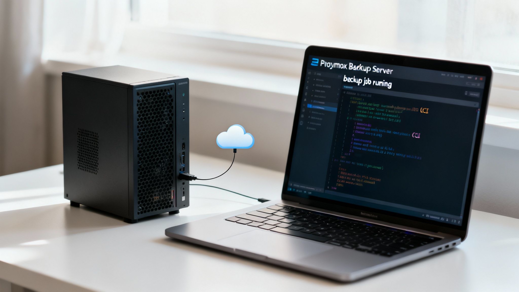 Proxmox backup server running on laptop connected to external storage device via cloud