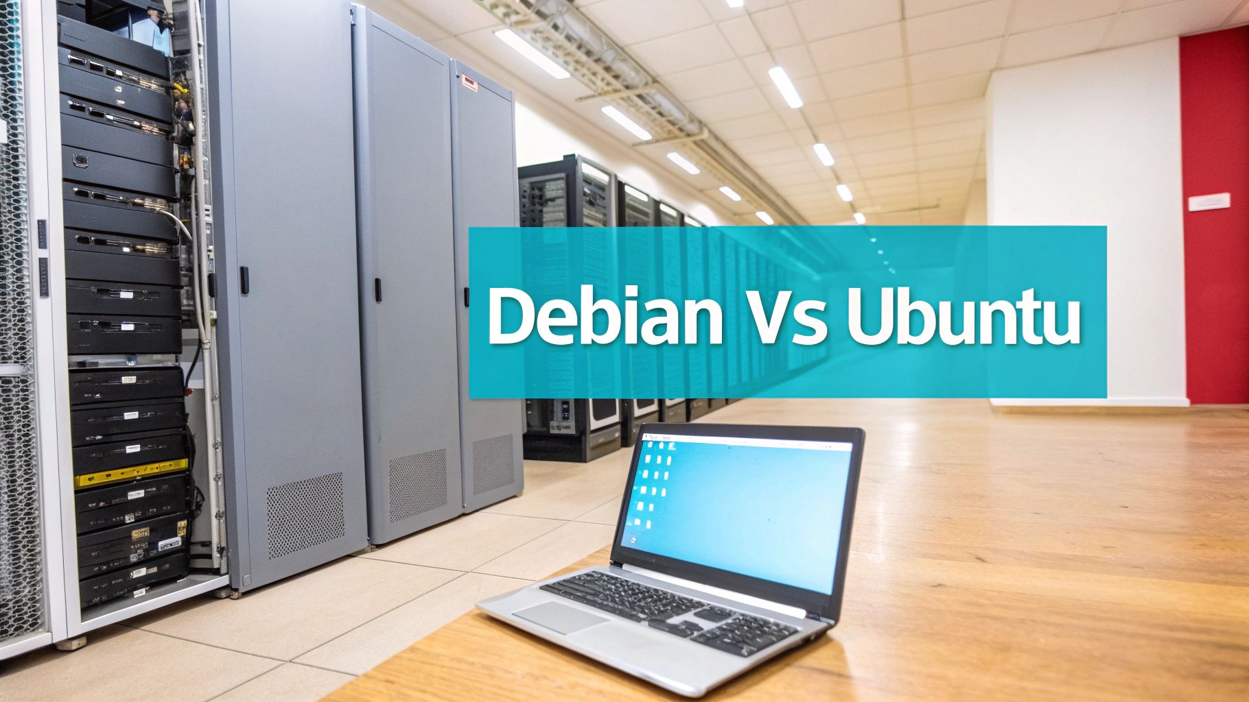 A data center with multiple server racks, a laptop on a wooden table, and text 'Debian Vs Ubuntu' overlay.