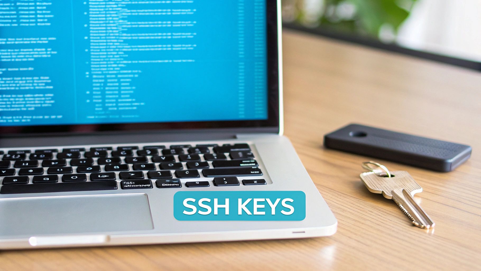 Close-up of a laptop displaying code, with a 'SSH KEYS' sticker, a physical key, and a security token on a wooden desk.