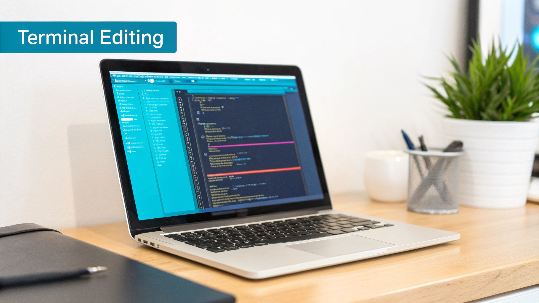 A laptop on a wooden desk with code displayed on its screen and a "Terminal Editing" banner.