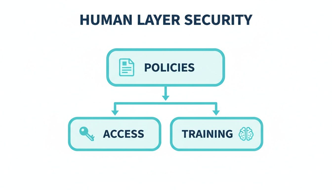A human layer security flowchart illustrating policies, access, and training with icons.