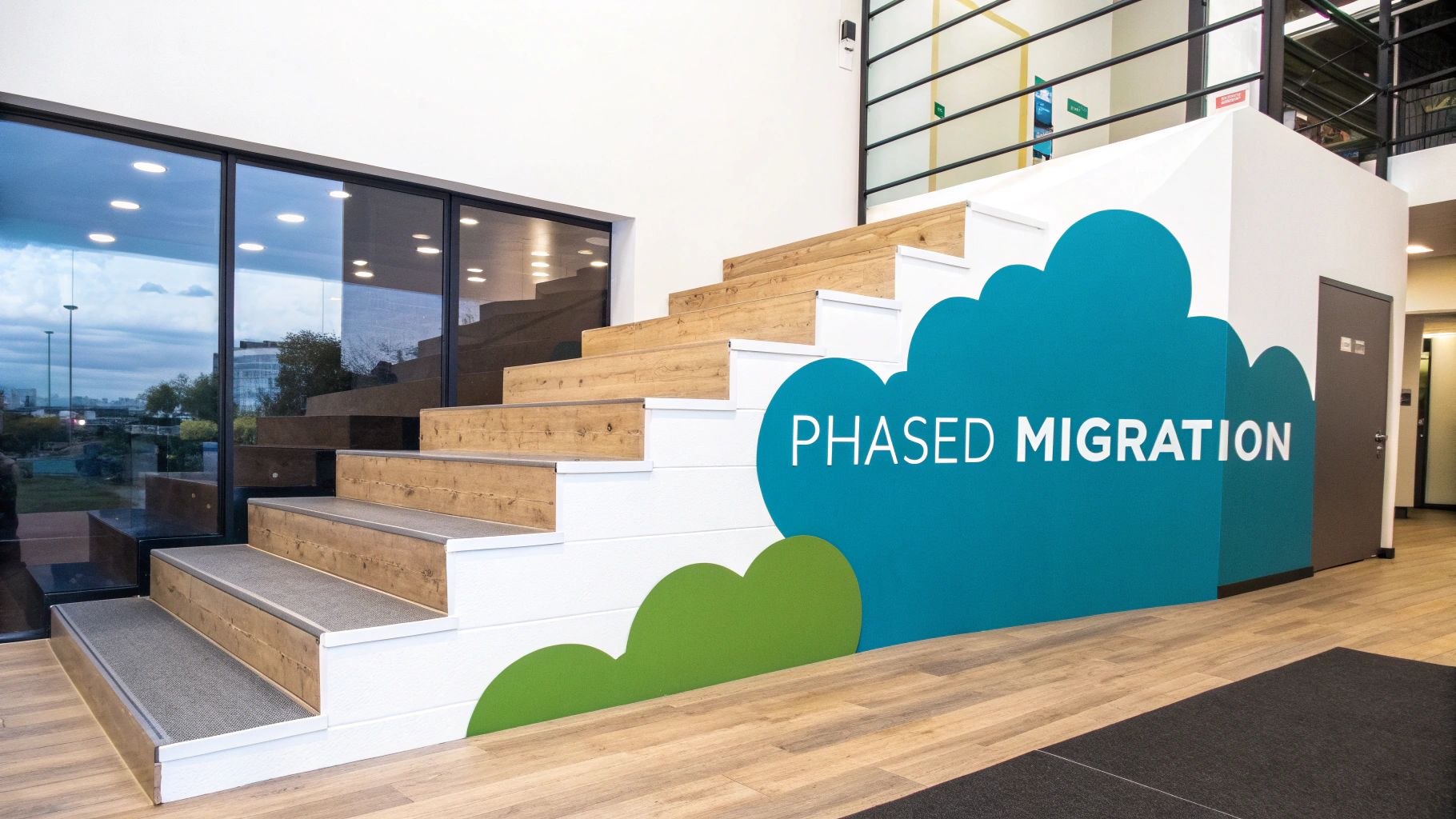 A modern office space featuring a staircase and a wall graphic depicting 'PHASED MIGRATION' on a cloud.