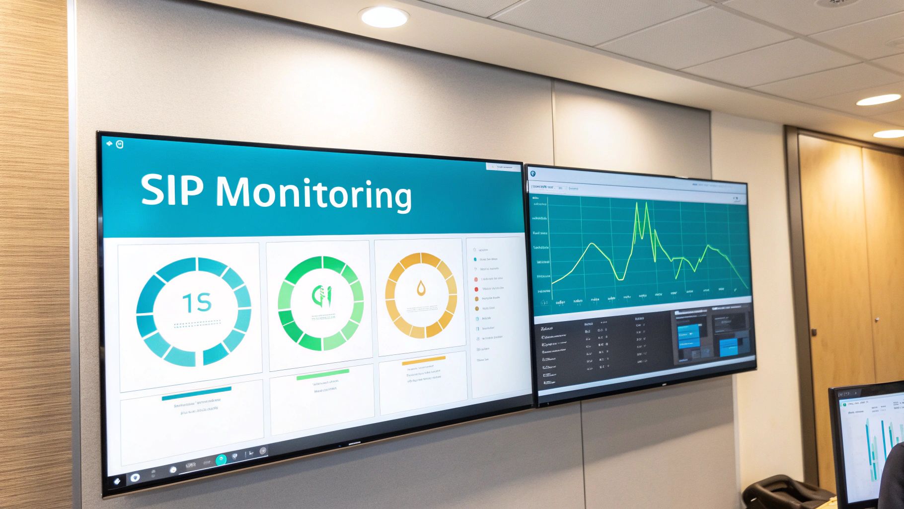 Two large monitors display 'SIP Monitoring' dashboards with charts, graphs, and data analysis.