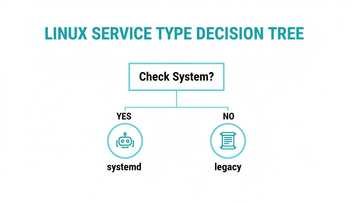 A Linux service type decision tree flowchart showing systemd for systems checked and legacy for others.