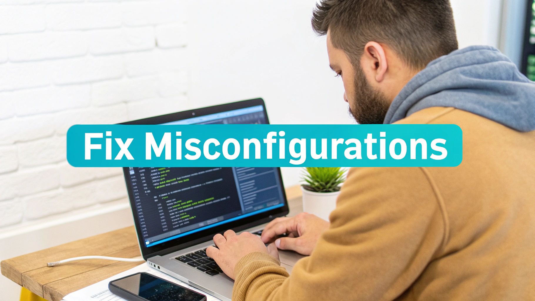 A man types on a laptop displaying code, with a blue banner overlay reading 'Fix Misconfigurations'.