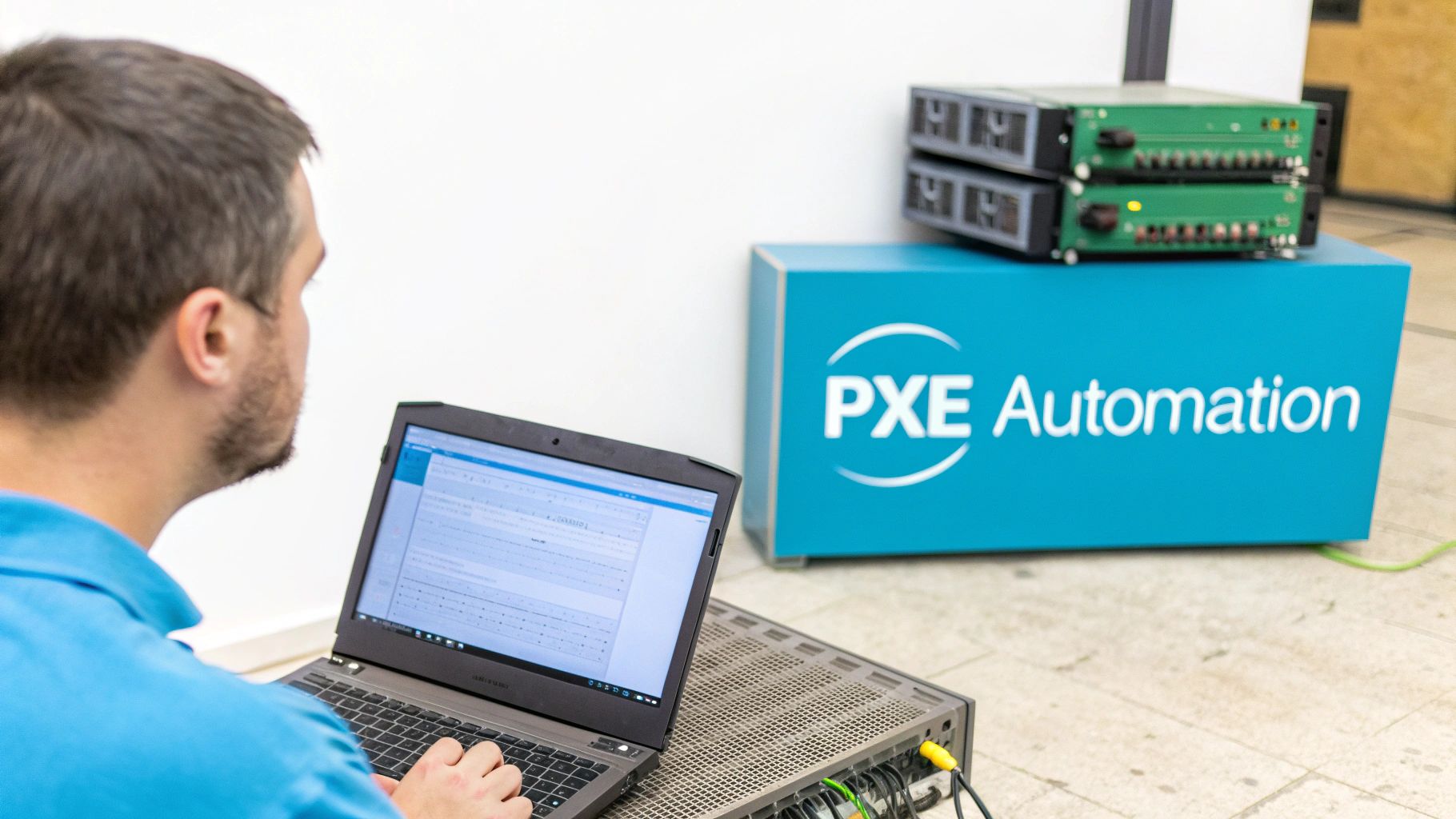 Technician configures a bare metal server using a laptop next to PXE Automation hardware.