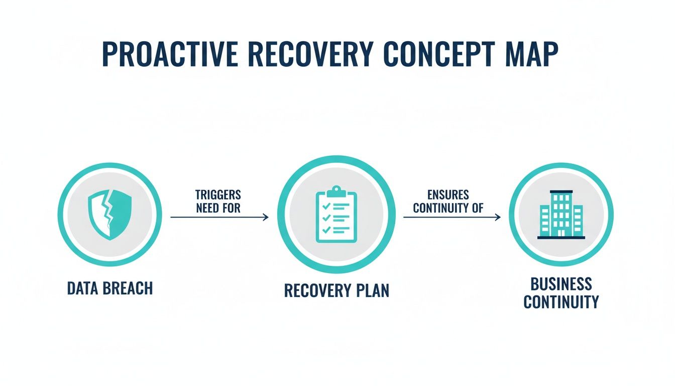Proactive recovery concept map illustrates how data breaches trigger a recovery plan for business continuity.