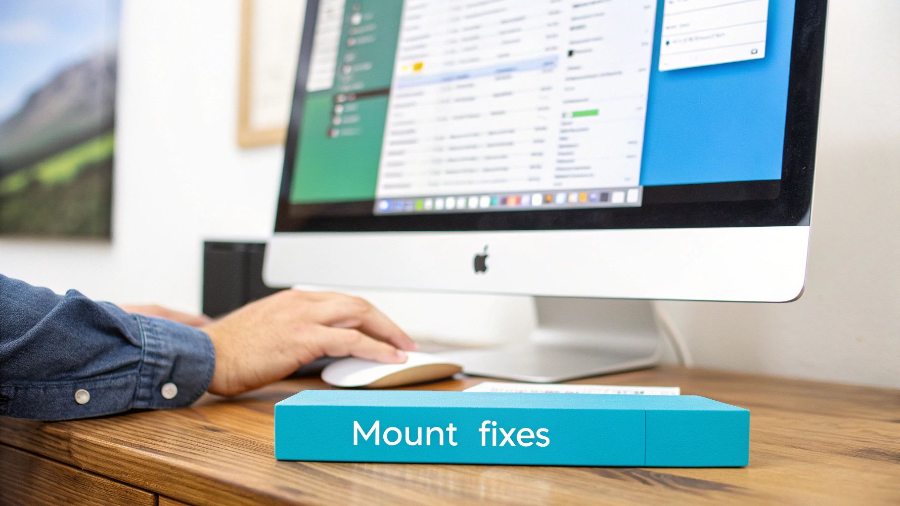 A person's hands using a white mouse on a wooden desk with an iMac. A turquoise box reads 'Mount fixes'.