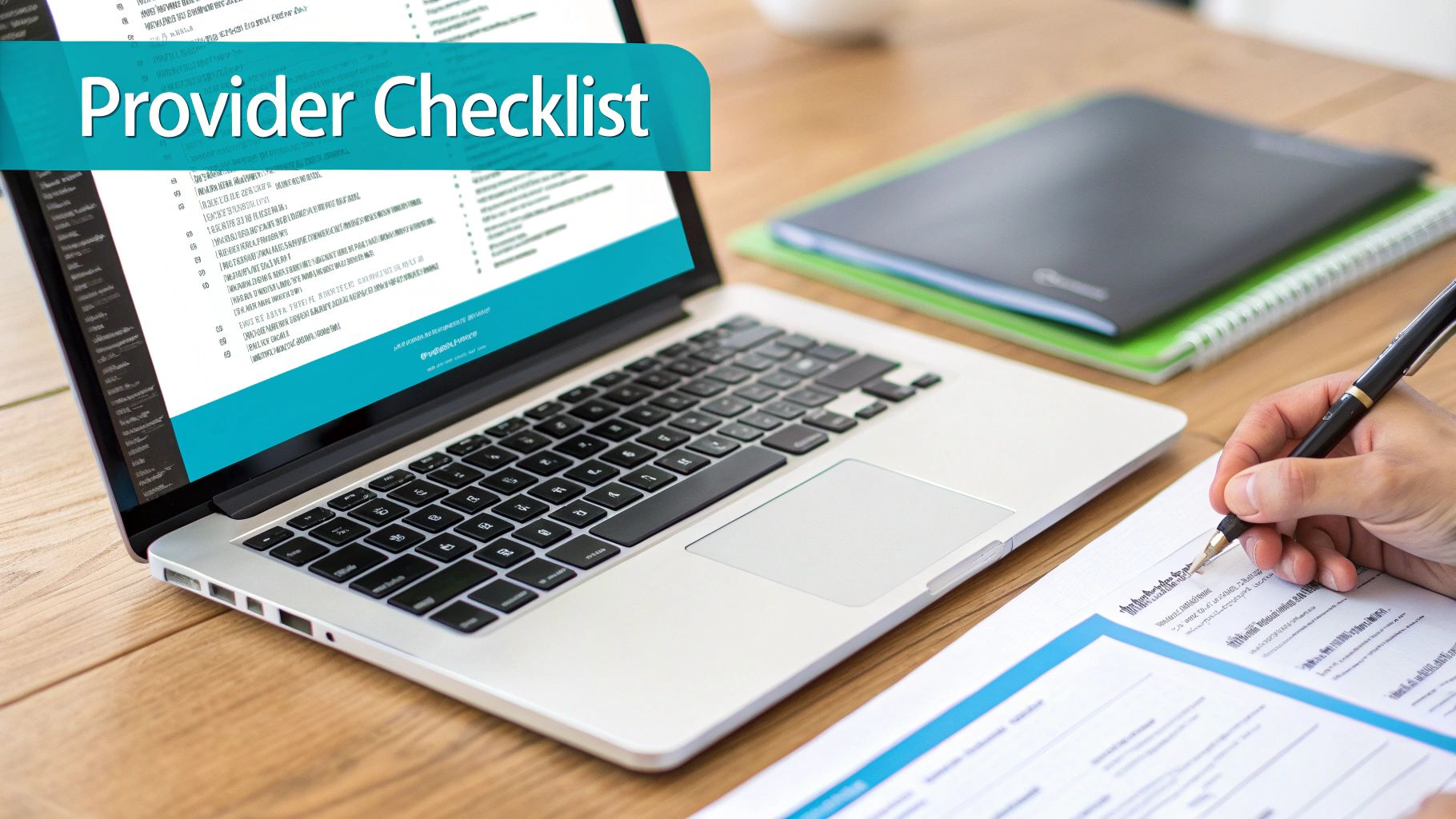 A person writes on a document next to a laptop displaying a 'Provider Checklist' on a wooden desk.