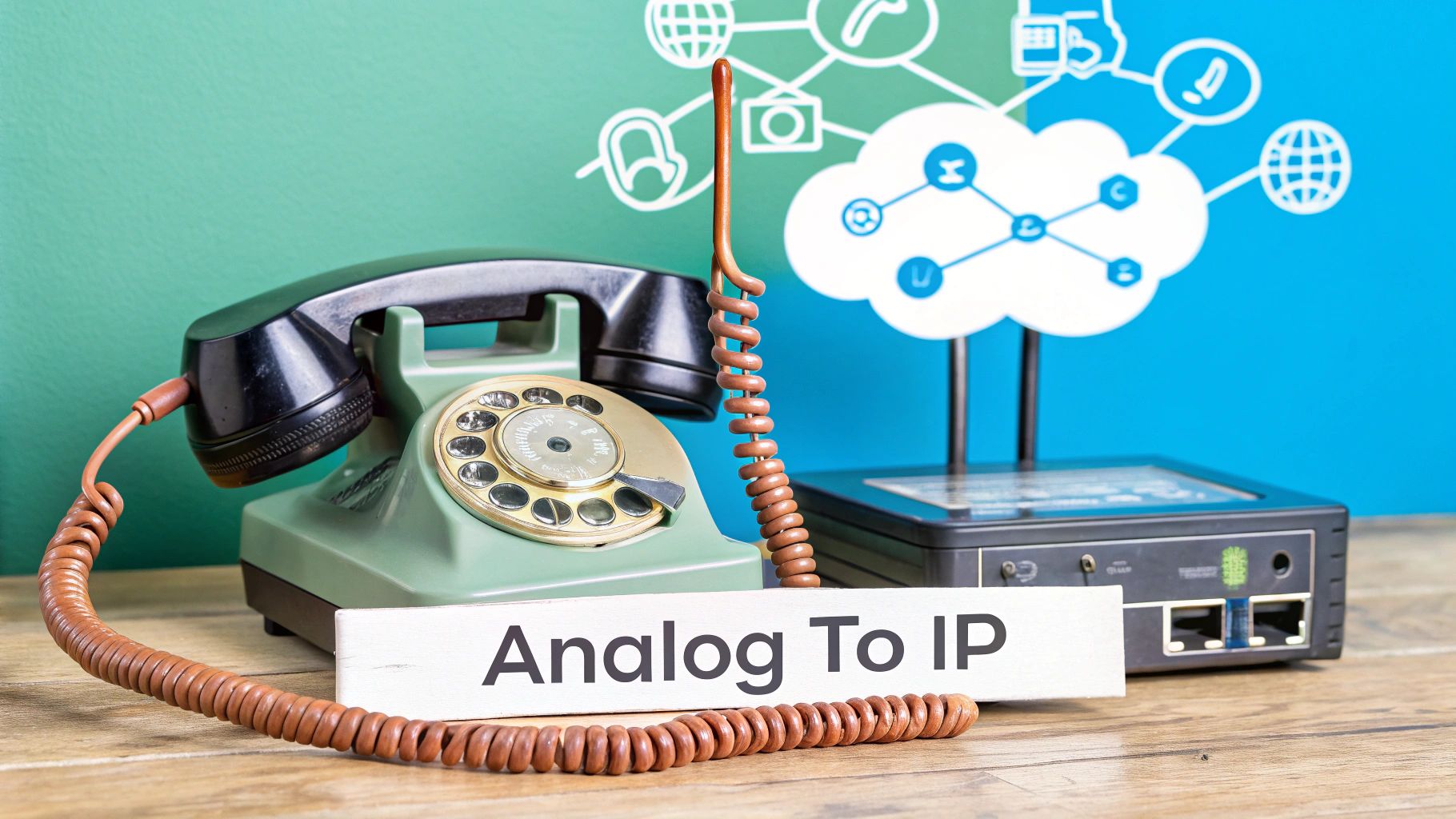 An old analog rotary phone connected to a modern network device, with a sign reading 'Analog To IP'.