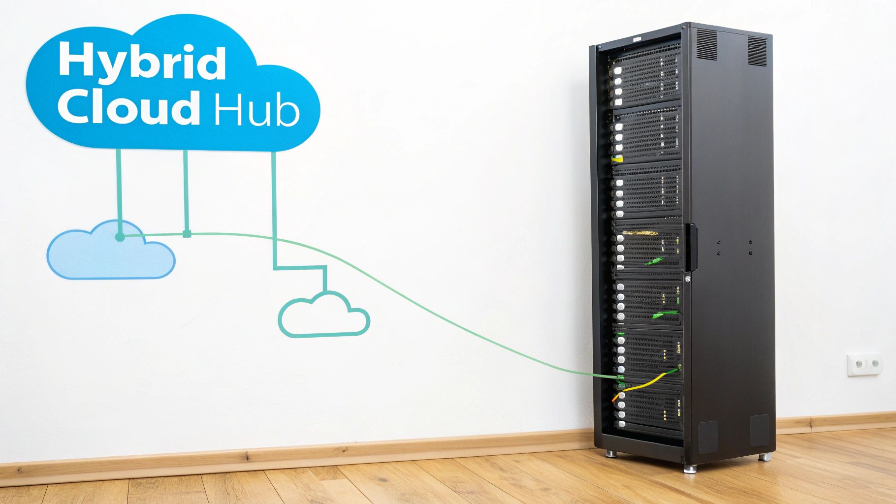 A server rack with network cables connected to a 'Hybrid Cloud Hub' wall graphic, depicting modern IT infrastructure.