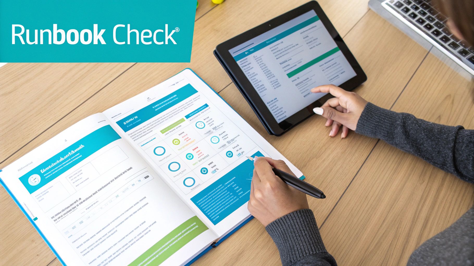 Person's hands reviewing a Runbook Check document and a tablet on a wooden desk.