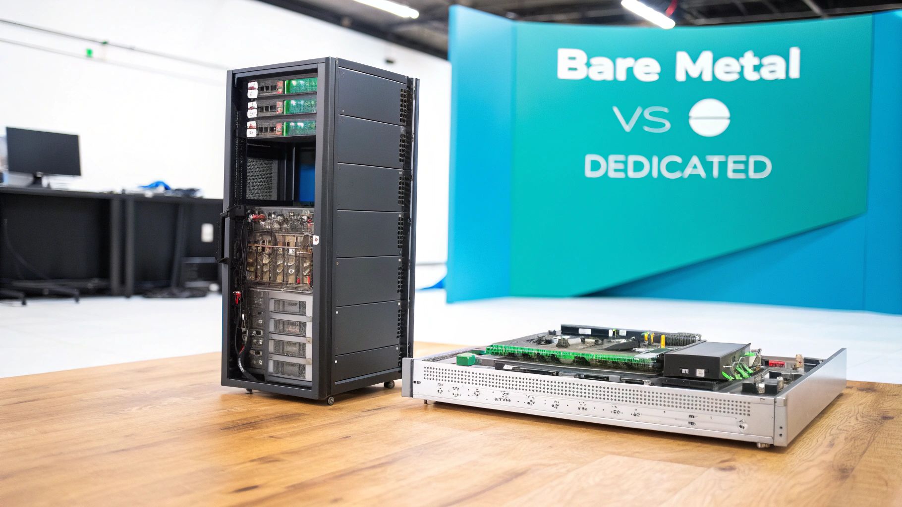 A server rack and an open server chassis are displayed on a wooden table, with a 'Bare Metal VS Dedicated' banner in the background.