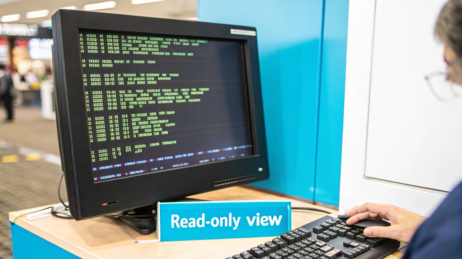 A person views a computer screen displaying green text, labeled 'Read-only view,' while typing on a keyboard.