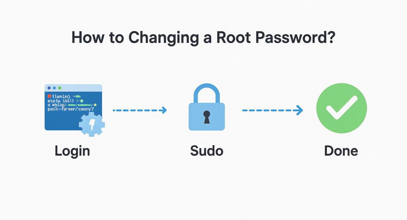 Infographic showing three steps to change a root password: Login, Sudo, and Done with icons.