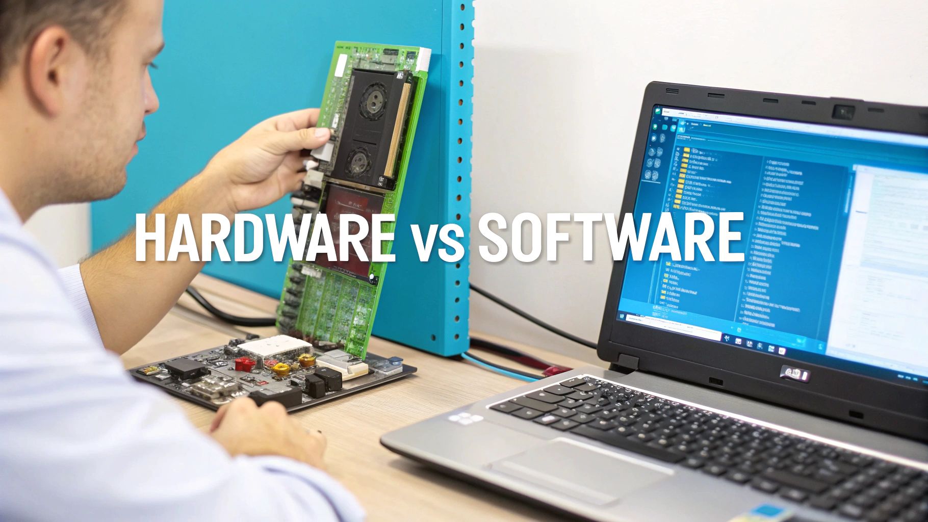 Man holding a circuit board beside a laptop displaying software, symbolizing hardware vs. software.