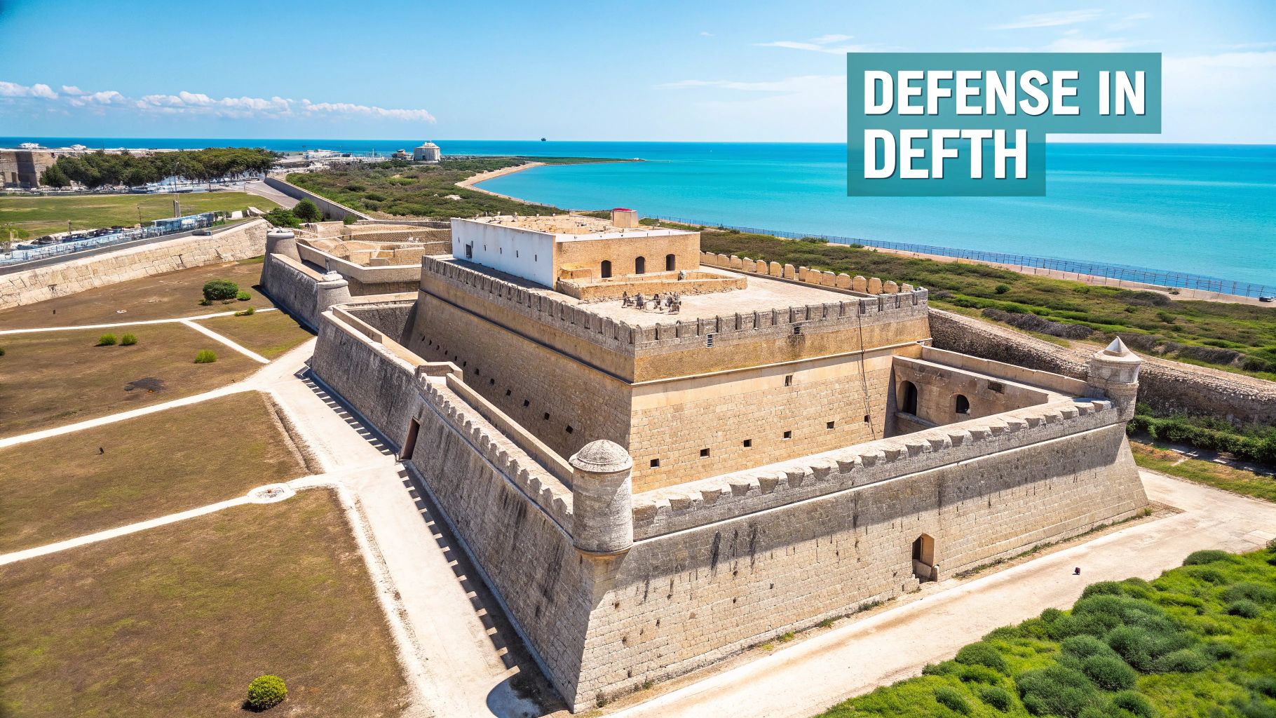 Aerial view of a historic stone fortress with multiple defensive layers by the turquoise sea under a clear sky.