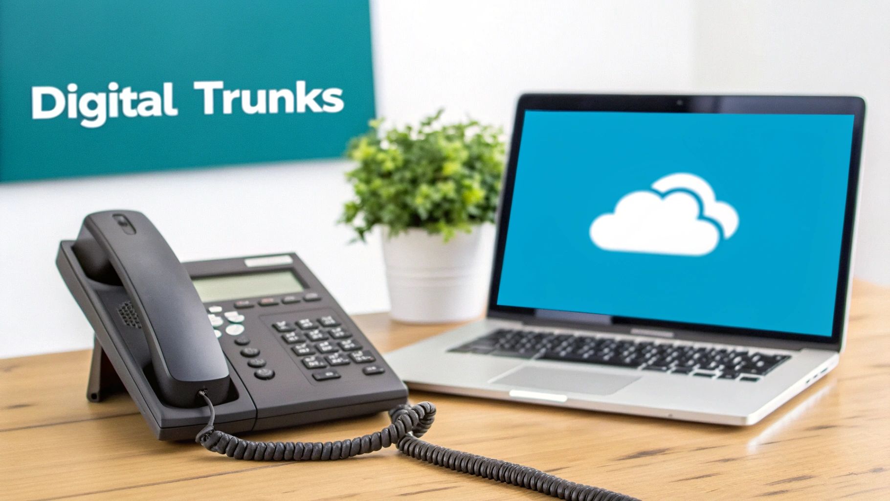 An illustration showing a laptop and a smartphone connected through a cloud, representing modern communication with SIP trunking.