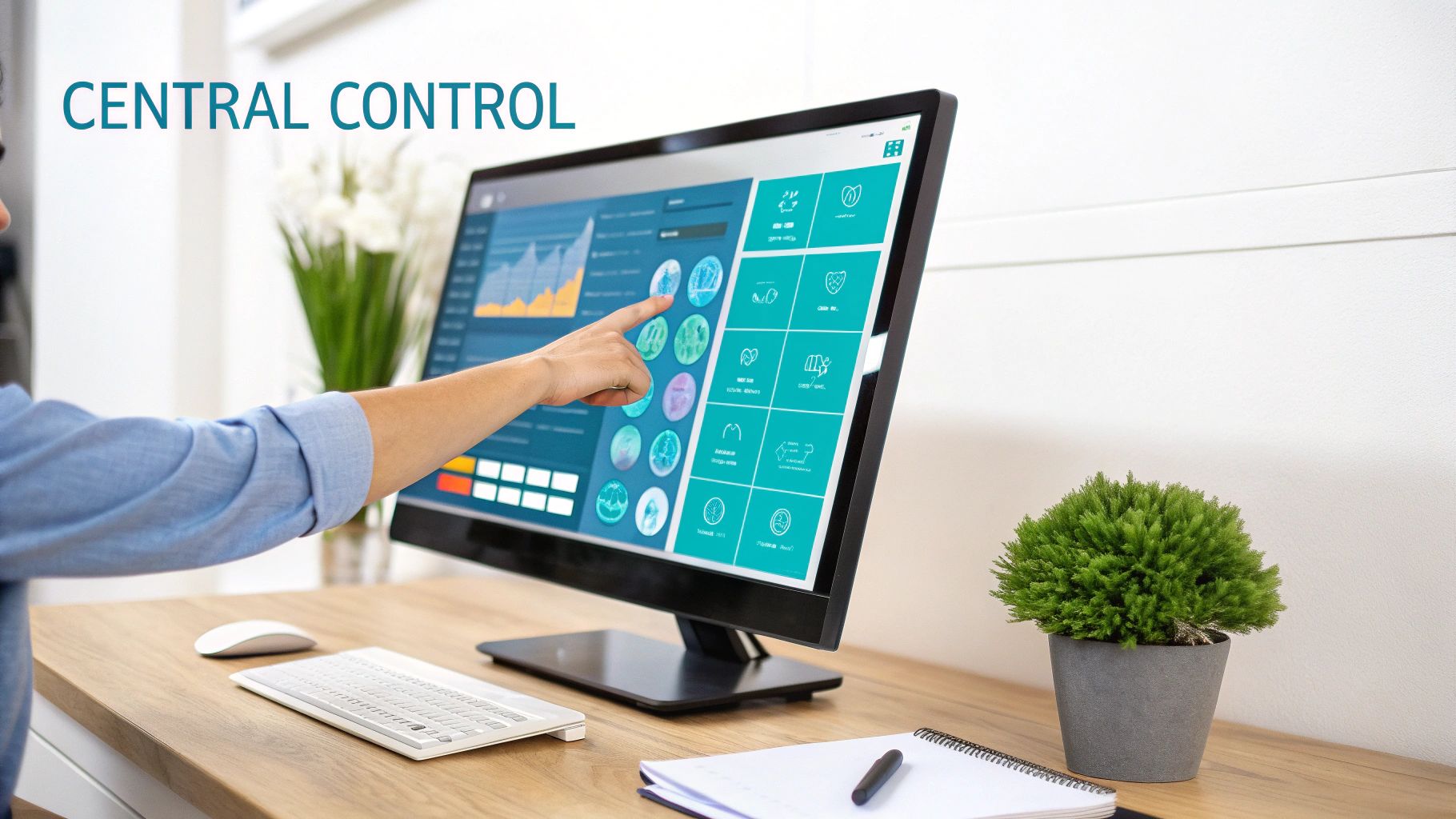 Hand interacting with a desktop monitor displaying a dashboard for central control and data analytics.