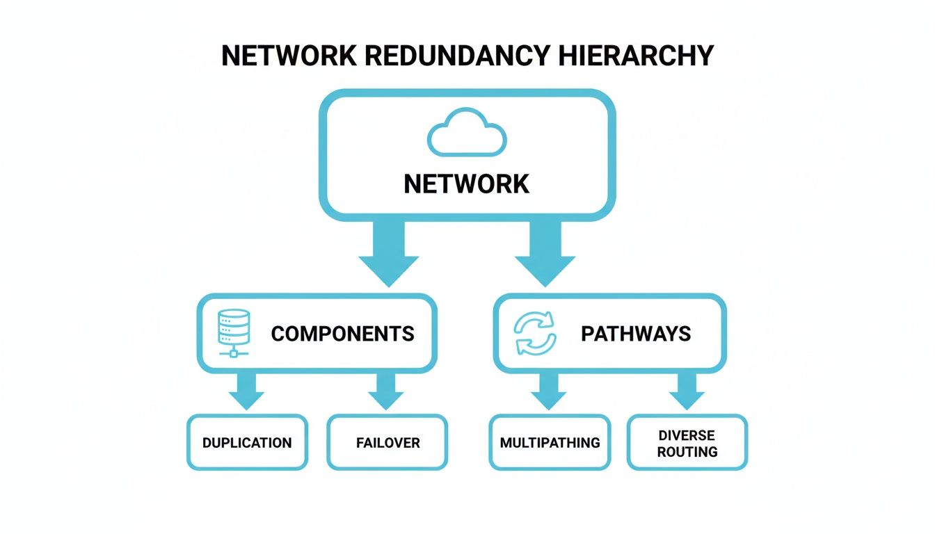 A diagram illustrating the hierarchy of network redundancy, showing components and pathways.