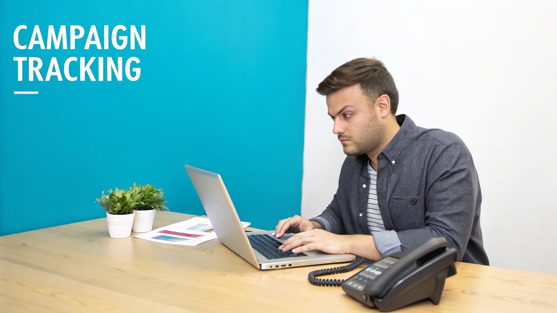 A focused man works on a laptop at a desk with plants and a phone, displaying 'CAMPAIGN TRACKING'.