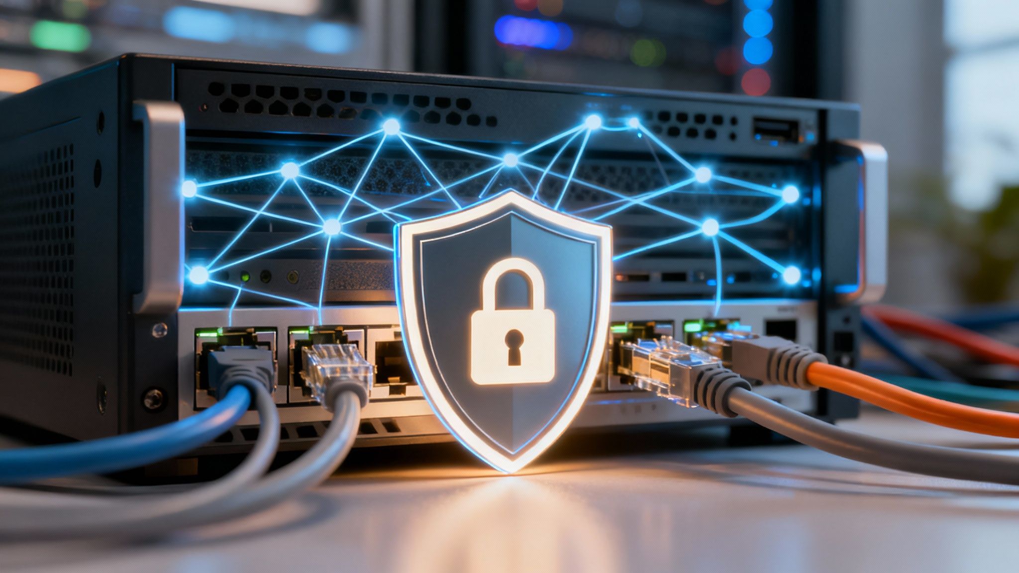A digital illustration of a server rack with a glowing padlock and network cables, representing server security and connectivity.
