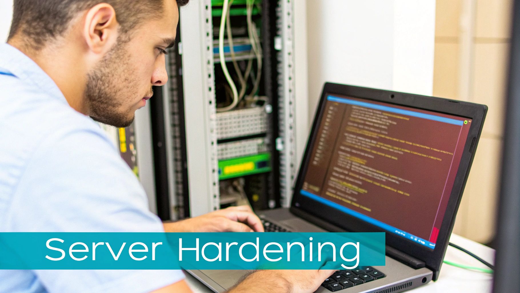 A man works on a laptop in a server room, focused on server hardening tasks.