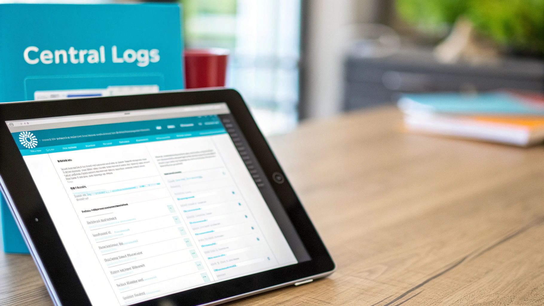A tablet displaying a log management interface next to a 'Central Logs' binder.