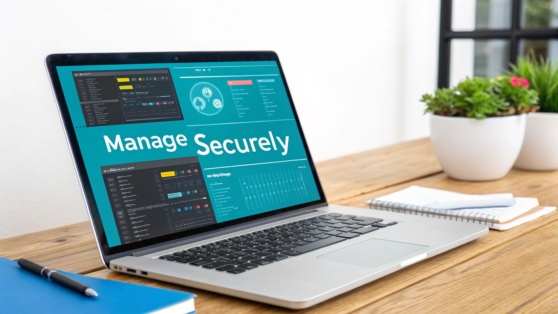 A silver laptop showing a 'Manage Securely' screen, surrounded by office supplies and plants.