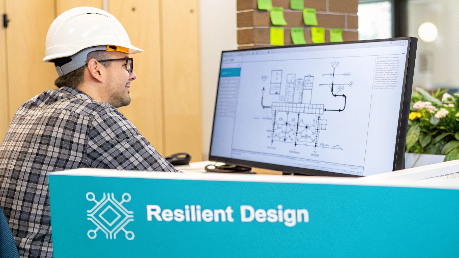 An engineer in a white hard hat and plaid shirt works on a computer displaying technical diagrams for resilient design.
